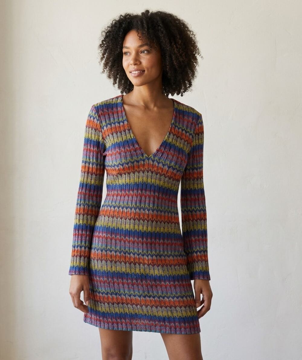 Ramy Brook Maya Striped Zigzag Flare-Sleeve A-line Mini Dress, size XXS